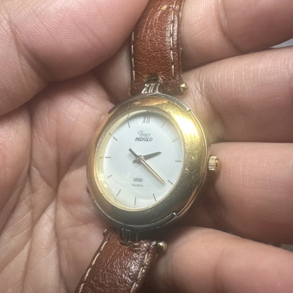 Works Timex Ladies 32mm Two Tone quartz indiglo New Battery Brown Leather Fit 7